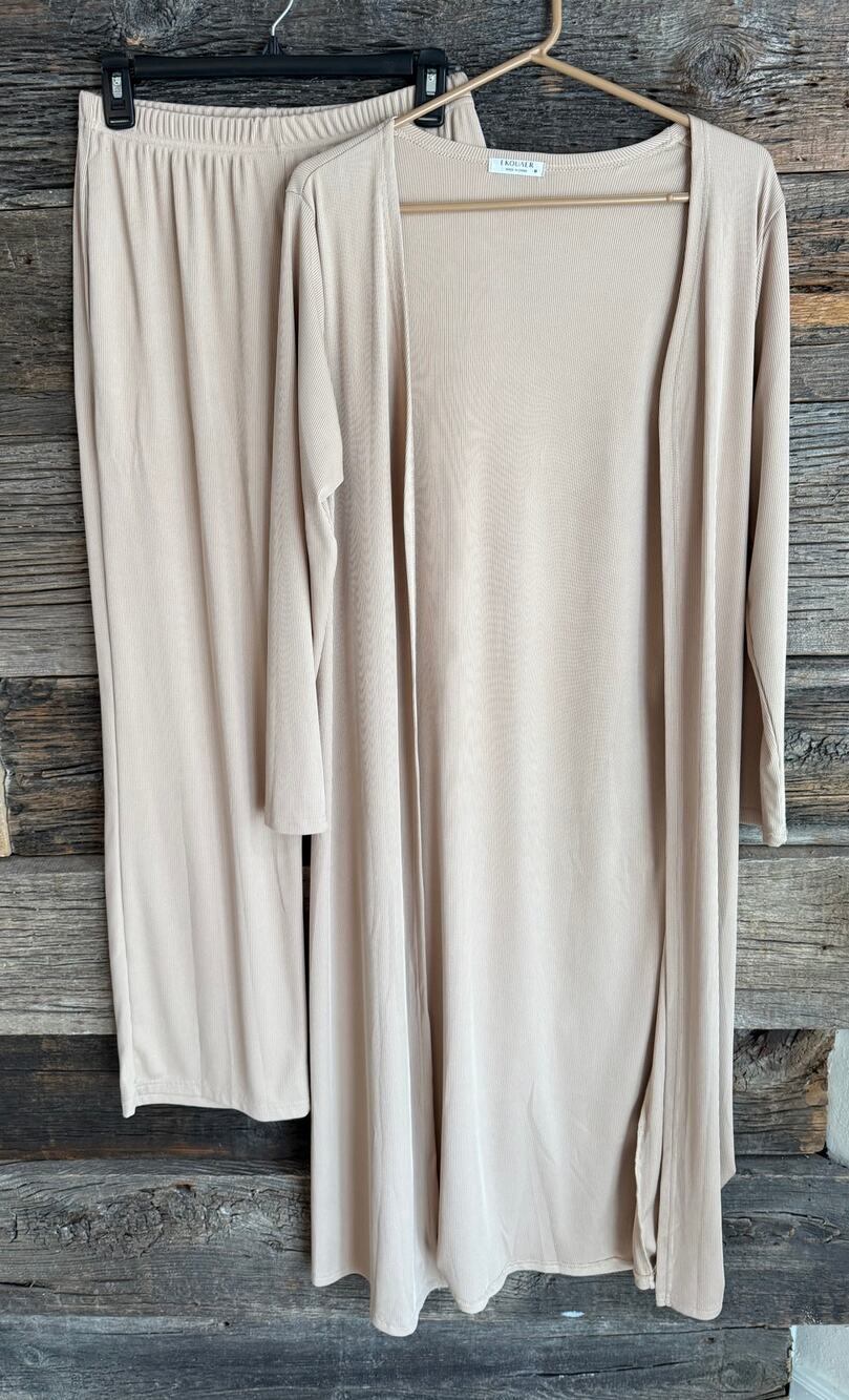 Ekouaer Womens Beige Ribbed Knit 2 Piece Lounge Set Long Cardigan and Pants nts